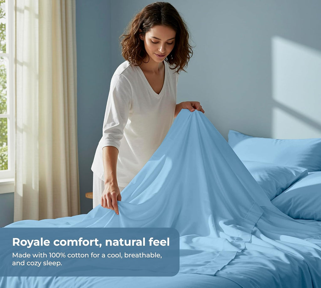 Royalelinens ROYALE LINENS 100% Organic Cotton King Sheet Set - Percale Weave - 4 Pieces Set - 1 Flat, 1 Deep Pocket Fitted Sheet and 2 Pil…
