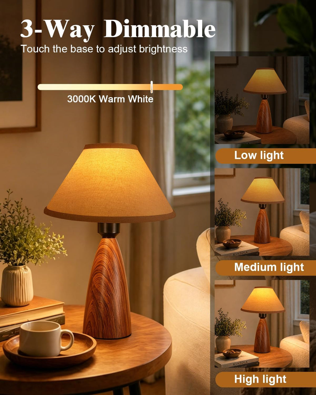 Nusogon 14.3" Touch Table Lamp for Bedroom & Living Room, 3-Way Dimmable Small Bedside Lamp with Fabric Shade & Wood Grain Base, Farmhouse…