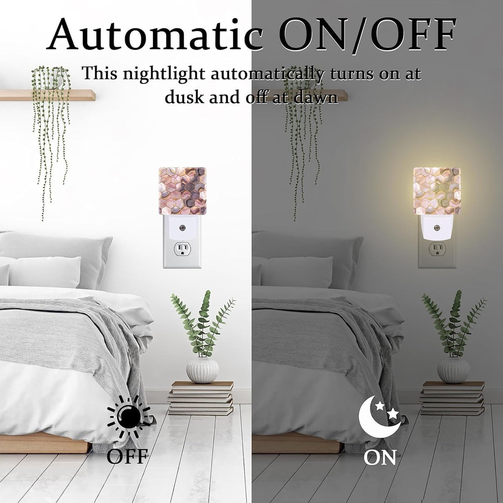 Pink Golden Ink Hexagon Night Light, Abstract Fluid Marble Dusk to Dawn Night Light Plug in,0.5w Energy Saving Sleep Friendly NightLight…