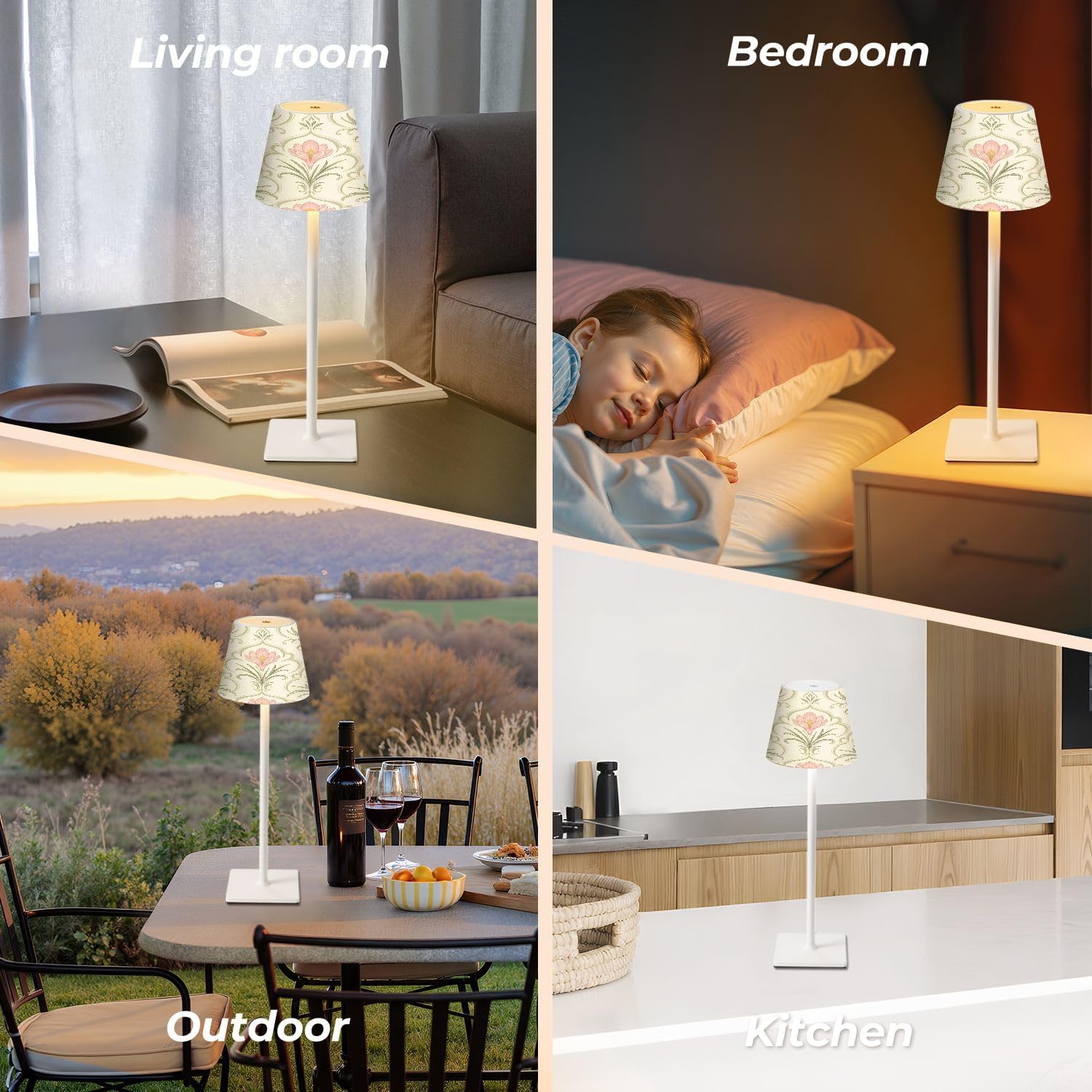 Cordless Mahjong Lamp Art Nouveau Floral Pink Yellow Crocus Flowers Cream Small LED Lamp 3 Color Dimmable Rechargeable Lamps for Mah Jong…