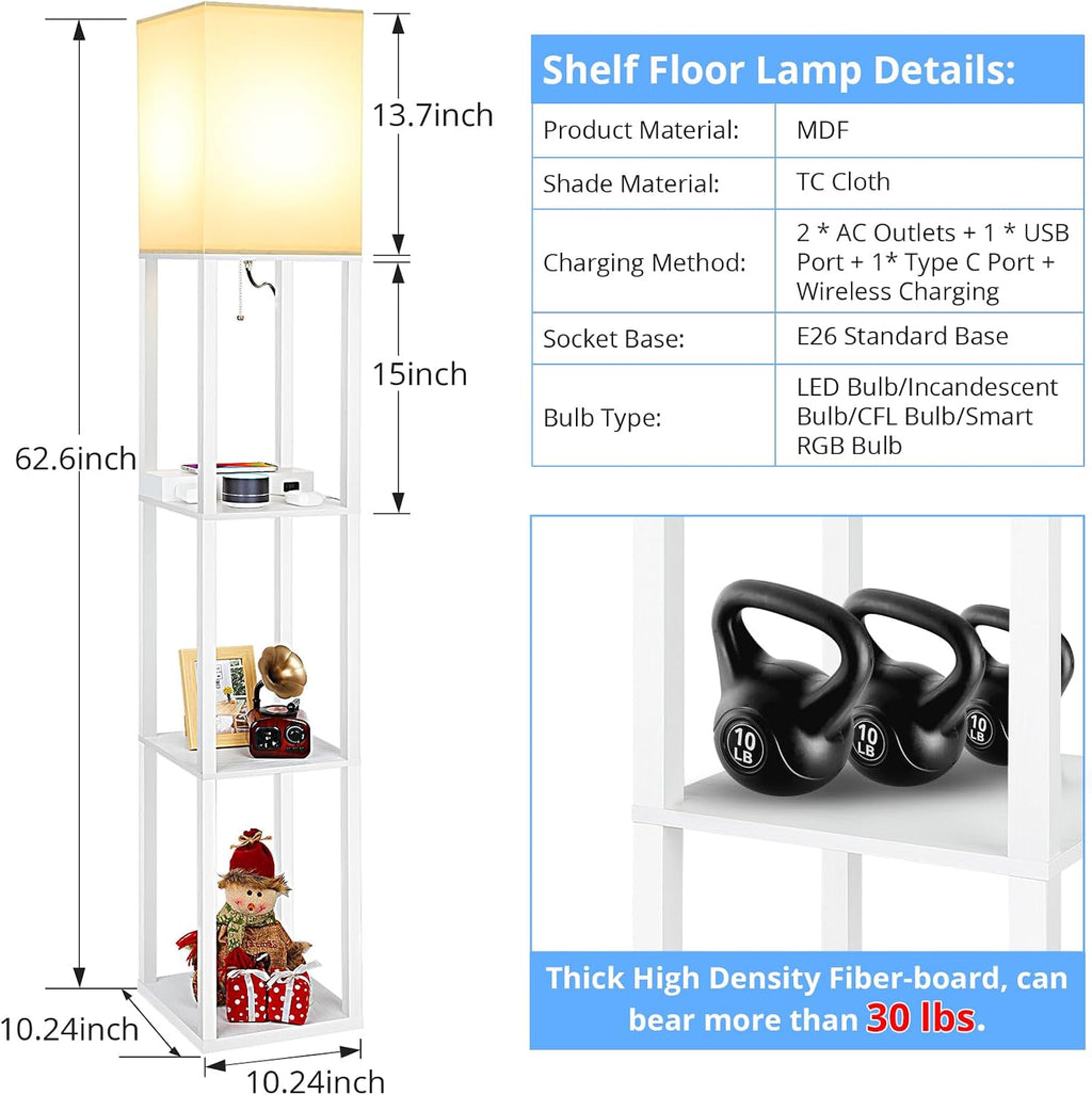 Mlambert Modern Shelf Floor Lamp with Wireless Charger & Fast Charging USB Ports & Type C Port & 2 Power Outlets,3 Tier Storage Lamp for…
