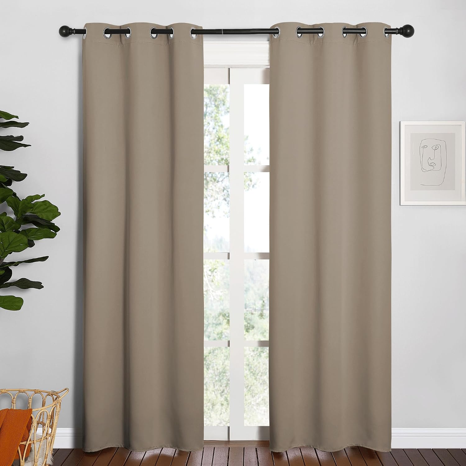 NICETOWN Window Curtain Panels, Thermal Insulated Solid Grommet Blackout Draperies/Drapes for Basement (Taupe, 1 Pair, 34 by 84-inch)