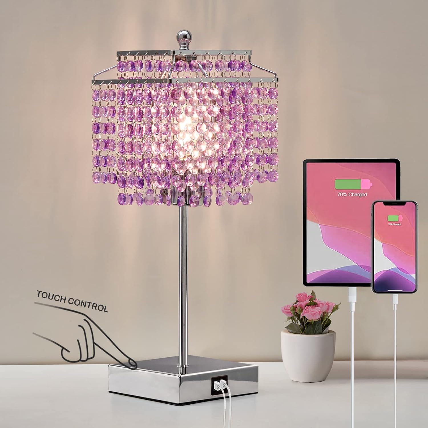 Luvkczc Crystal Table Lamp, Touch Lamp with USB C+A Ports, Dimmable Lamp with Crystal Shade, Purple Nightstand Lamp for Girl Bedroom…