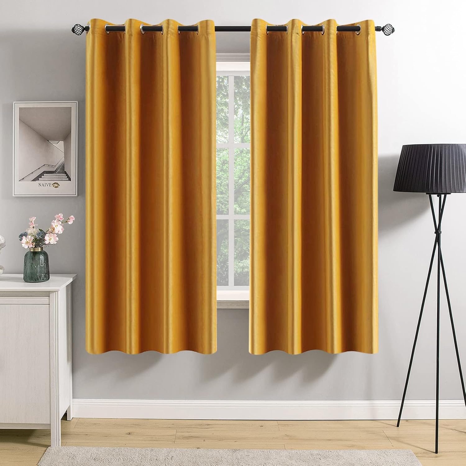 MIULEE 2 Panels Blackout Velvet Curtains Solid Soft Grommet Mustard Yellow Curtains Fall Thermal Insulated Soundproof Room Darkening…