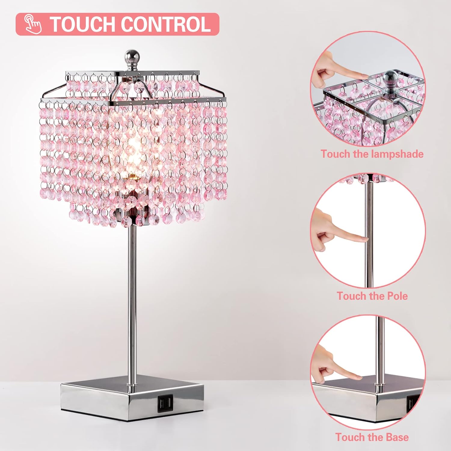 Luvkczc Crystal Touch Table Lamp, Bedside Lamp with USB C+A Ports, Pink Lamp, Dimmable Lamp with Crystal Shade, Nightstand Lamp for Girl…