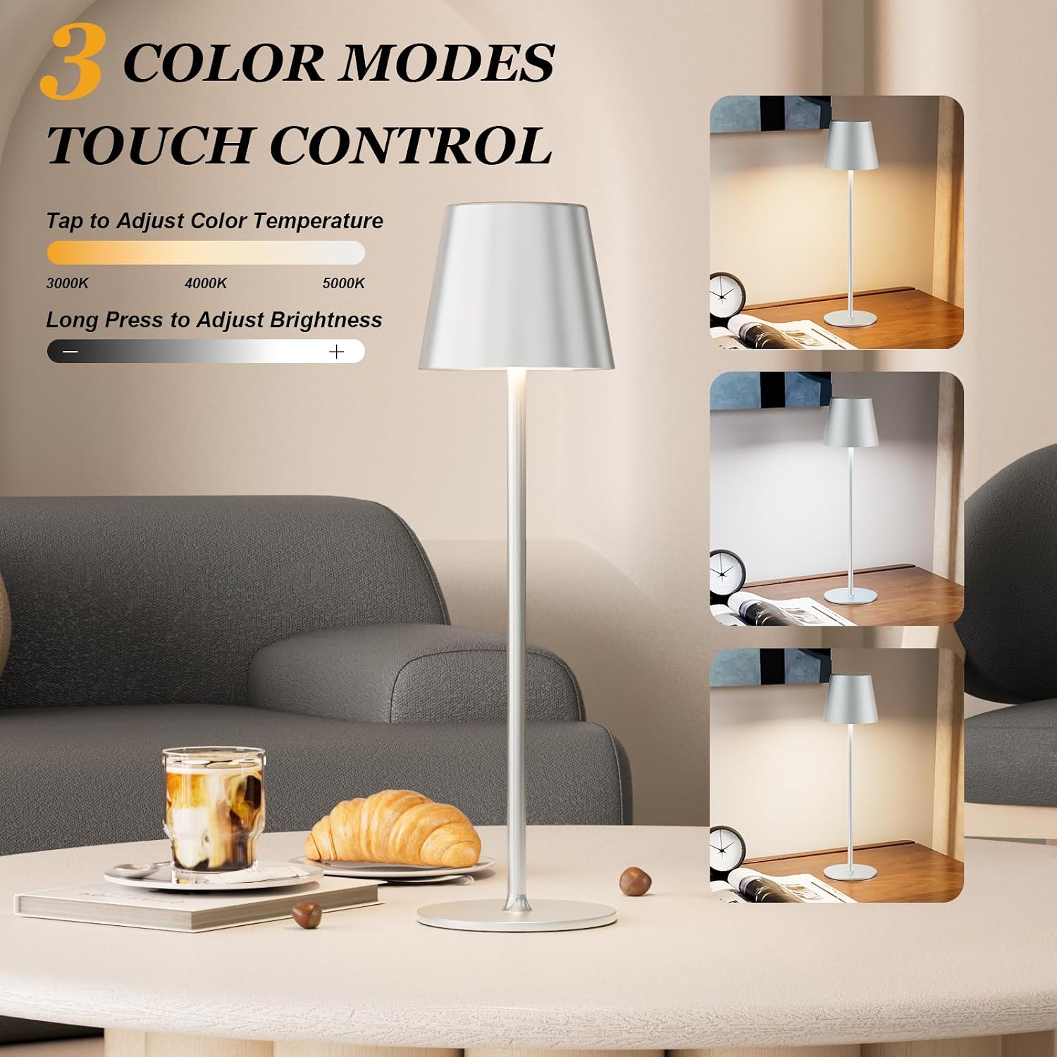 Kakanuo Cordless Table Lamp Rechargeable - Silver Grey 2 Pack 5000mAH Battery Operated Lamp for Counter, 3 Color Stepless Dimming…