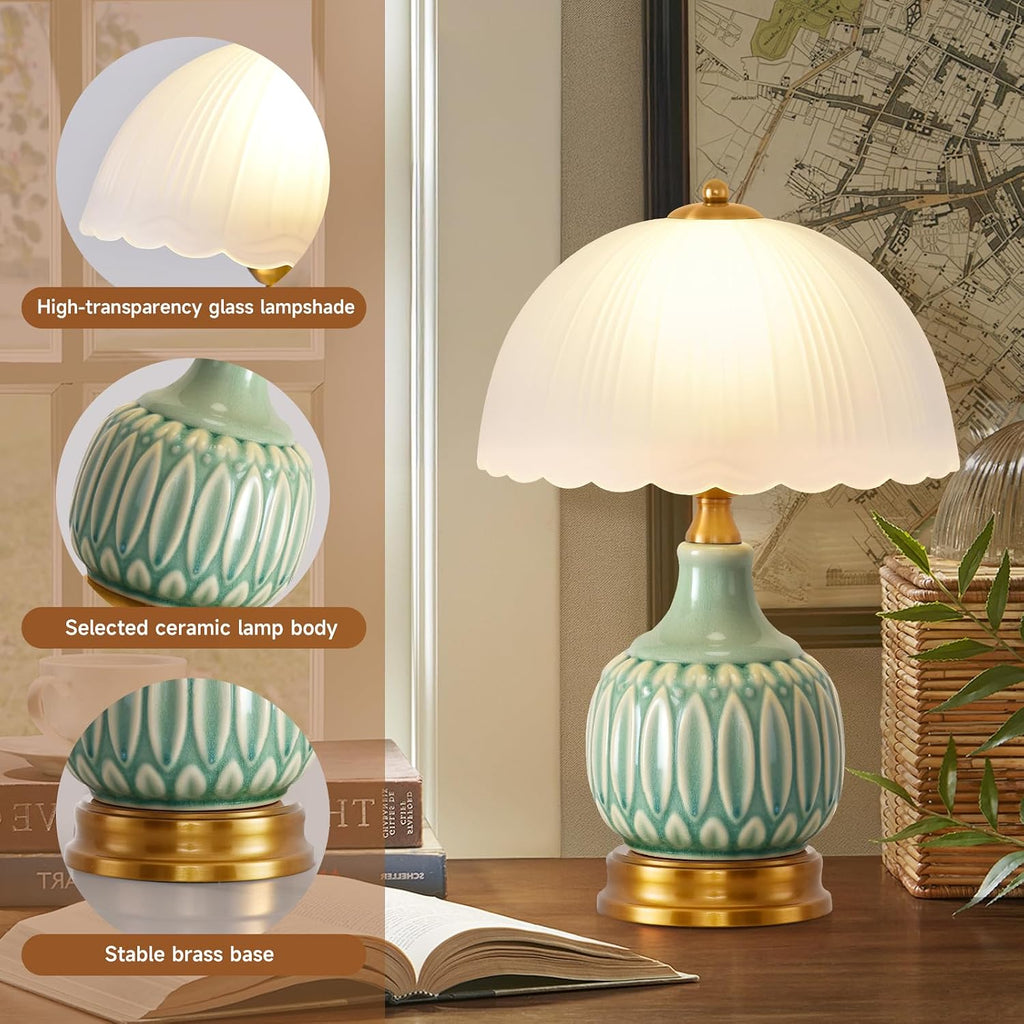 Table Lamps Ceramic Retro Lamp for Living Room,15.7" Modern Bedside Nightstand Traditional Lamps, Classic Chinoiserie Green Glass Lamp…