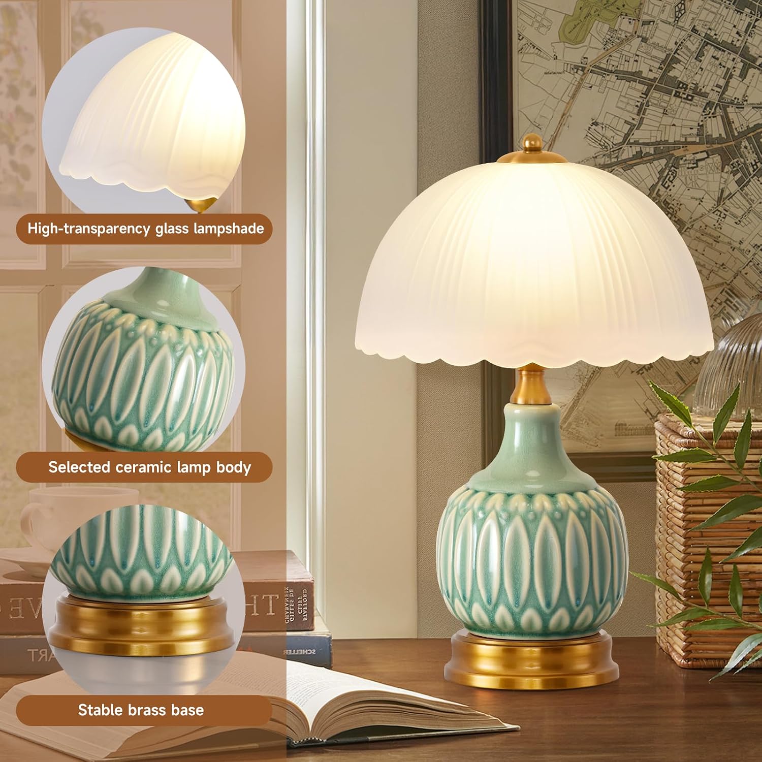 Table Lamps Ceramic Retro Lamp for Living Room,15.7" Modern Bedside Nightstand Traditional Lamps, Classic Chinoiserie Green Glass Lamp…