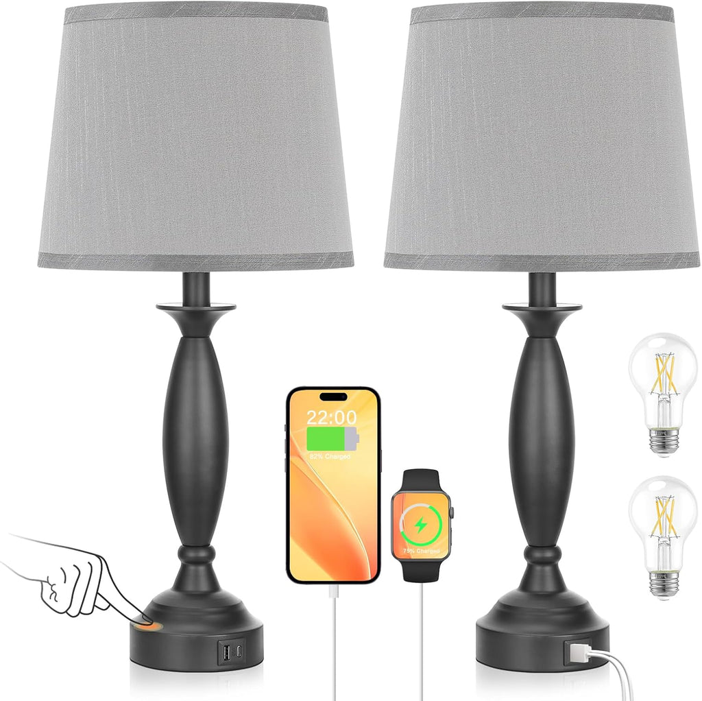 Seealle Grey Lamps for Bedrooms Set of 2 - Touch Control Bedside Lamp with USB C+A, 3 Way Dimmable Nightstand Lamps with USB Port, Table…