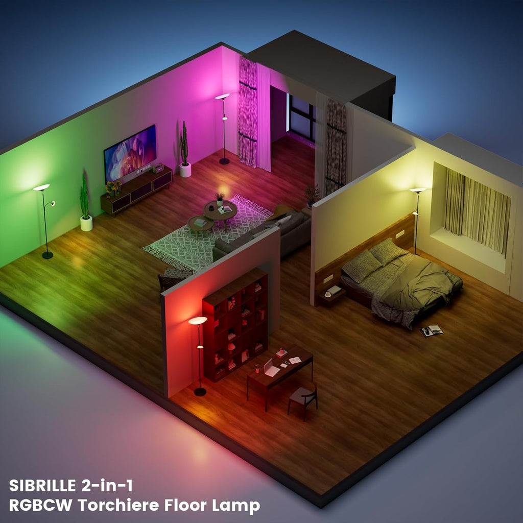 SIBRILLE RGB Torchiere Floor Lamp - 2 Way Dimmable LED Standing Lamp with Remote&Button Control, 34W Rotatable Floor Reading Light, 72''…