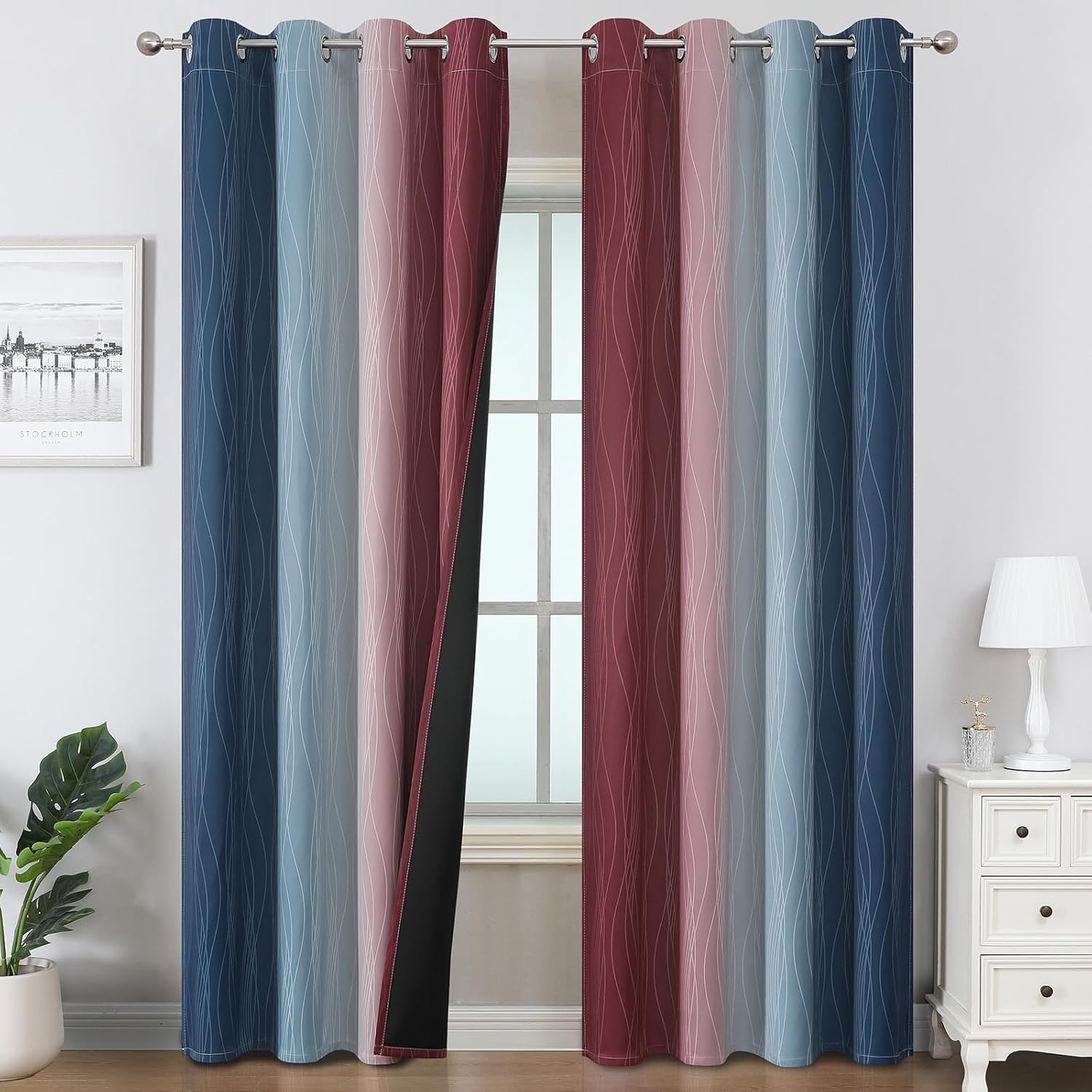 Estelartextiler Estelar Textiler Burgundy Red and Navy Blue Ombre Blackout Curtains 84 Inches Long for Living Room, Energy Saving Thermal I…