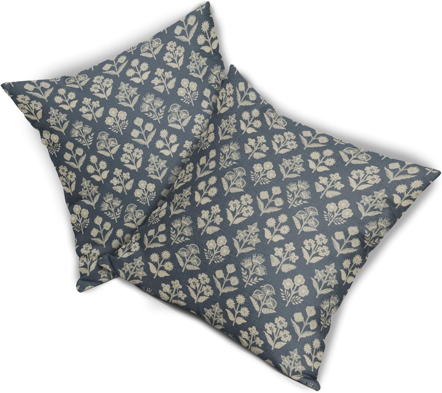 Dusty Blue Floral Block Print Pillow Covers 16x16 Inch Set of 2, Vintage Flower Pattern Decorative Throw Pillowcases Outdoor Farmhouse…