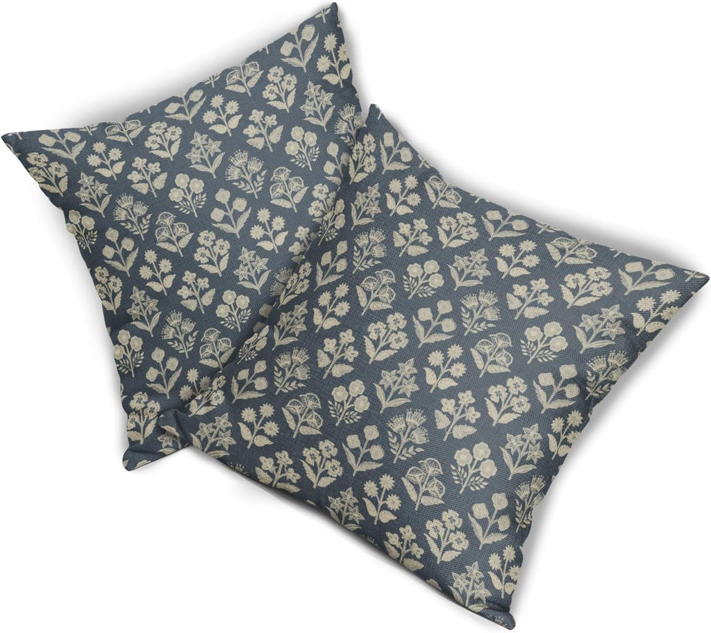 Dusty Blue Floral Block Print Pillow Covers 18x18 Inch Set of 2, Vintage Flower Pattern Decorative Throw Pillowcases Outdoor Farmhouse…