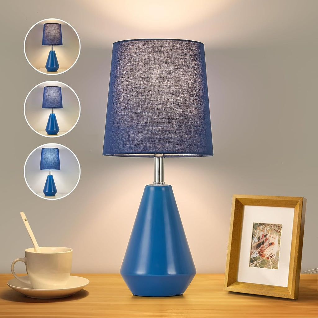 Small Bedside Table Lamp for Bedroom - Reading Desk Lamp with 3 Color Temperatures,15.5" Nightstand Ceramic Lamp with Fabric Shade for…
