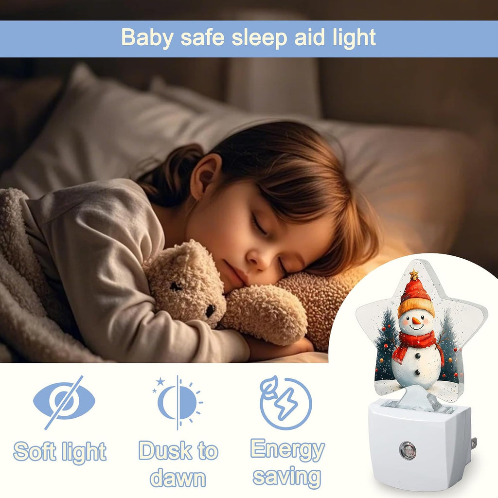 Snowmolle Night Light, Christmas Snowman Plug into Wall with Dusk to Dawn Light Sensors, Winter Trees Warm Star Nightlights for Bedroom, Bathr…