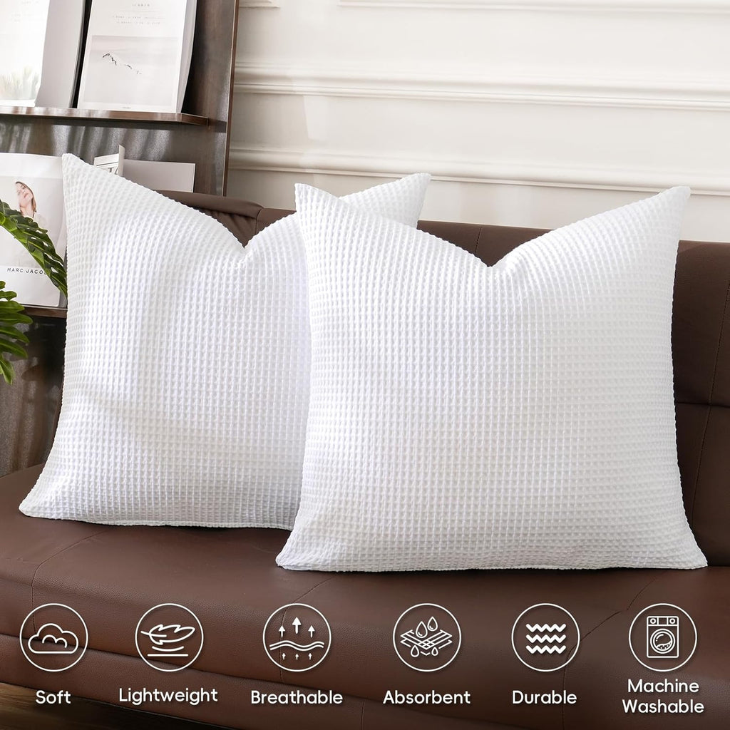 Phf 100% Cotton Waffle Weave Throw Pillow Cover, 24" x 24", No Filling, 2 Pack Elegant Home Decorative Square Throw Pillow Covers for Bed C…