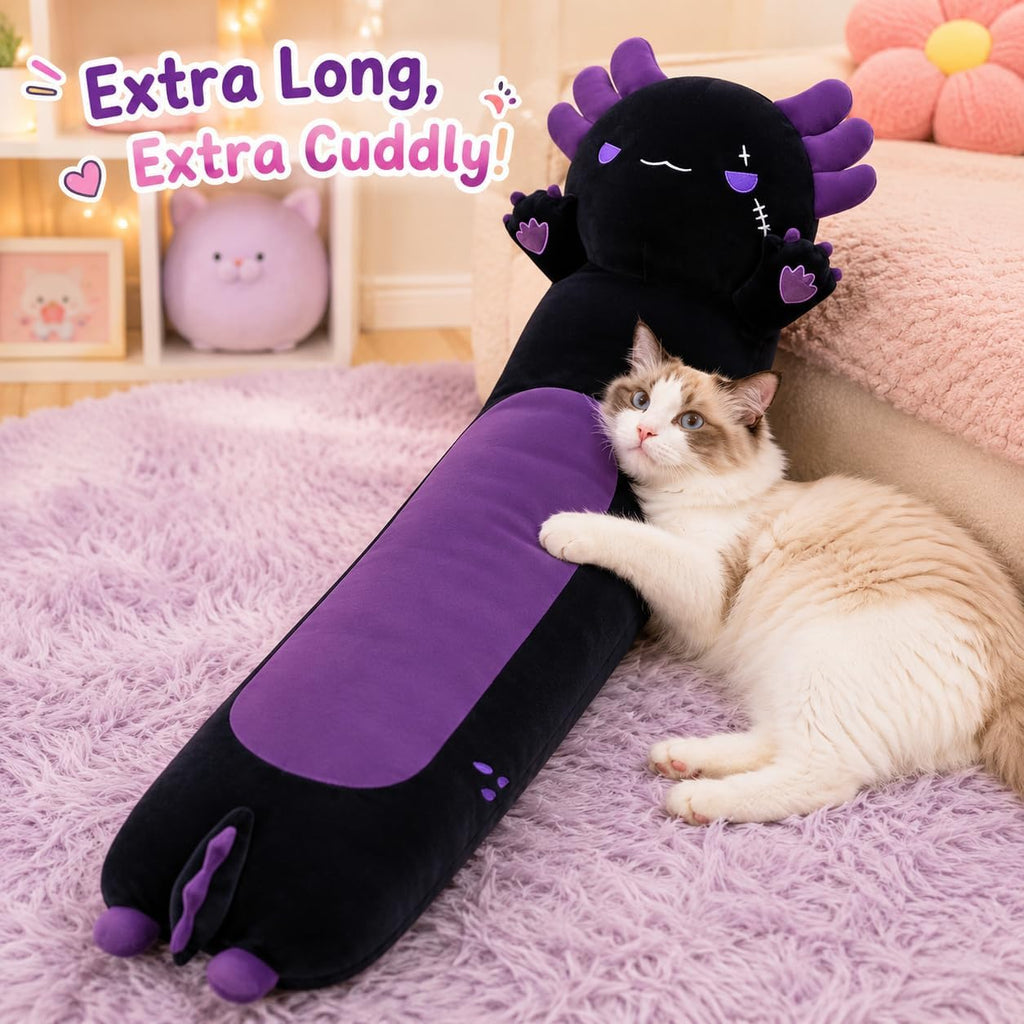 Long Axolotl Stuffed Animals 35.4 Inch, Soft Axolotl Plush Pillow Cute Body Pillow Gifts for Kids Girlfriend, Black&Purple