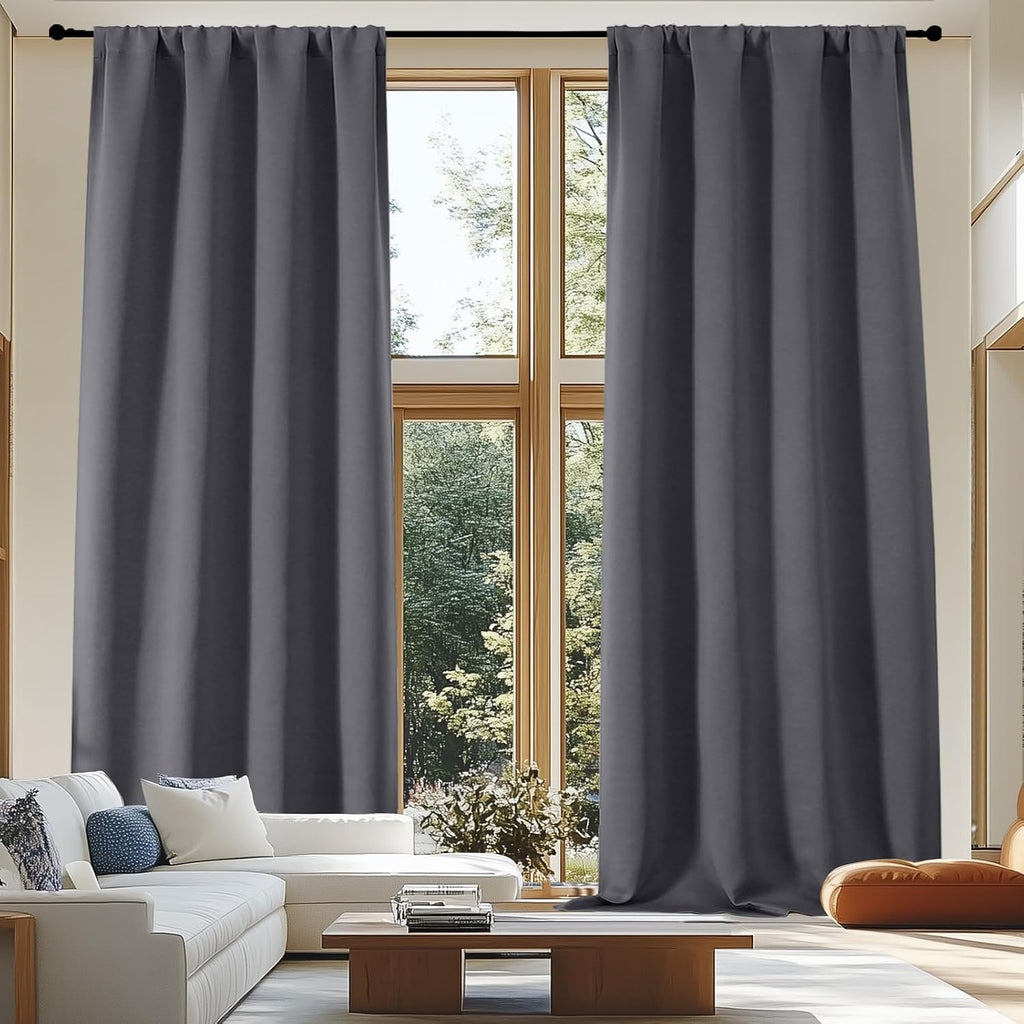 Simplebrand Ava Grey Blackout Extra Long 10ft Curtains for Patio 120 Inches Long 2 Panels Set, Solid Thermal Insulated Energy Saving Rod Po…