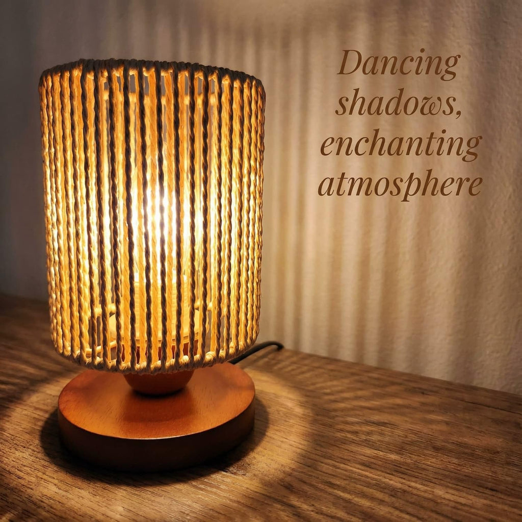 Small Rattan Table Lamp for Bedroom, Boho Bedside Lamp with Warm LED Bulb, Handwoven Wicker Nightstand Lamp for Nursery, Entryway & Dorm…