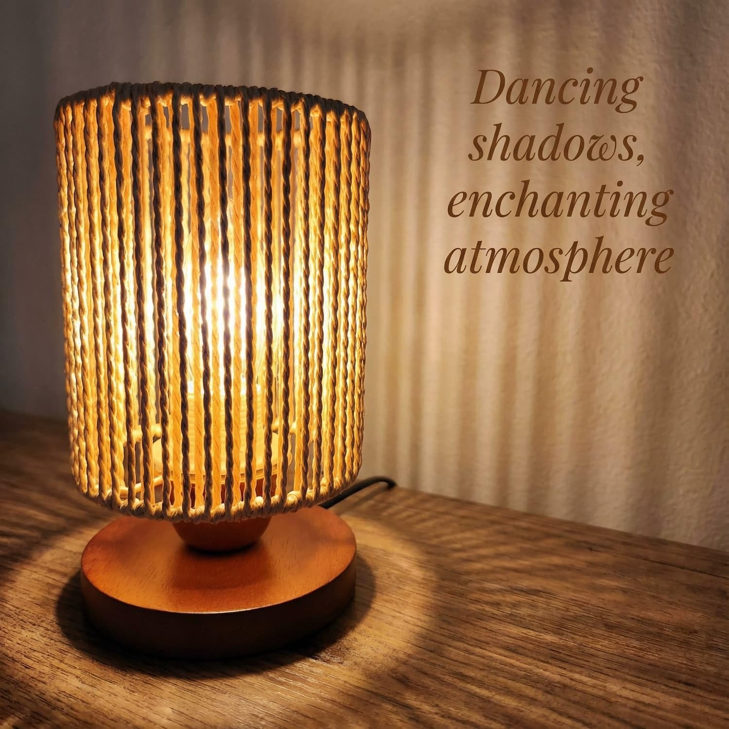 Small Rattan Table Lamp for Bedroom, Boho Bedside Lamp with Warm LED Bulb, Handwoven Wicker Nightstand Lamp for Nursery, Entryway & Dorm…