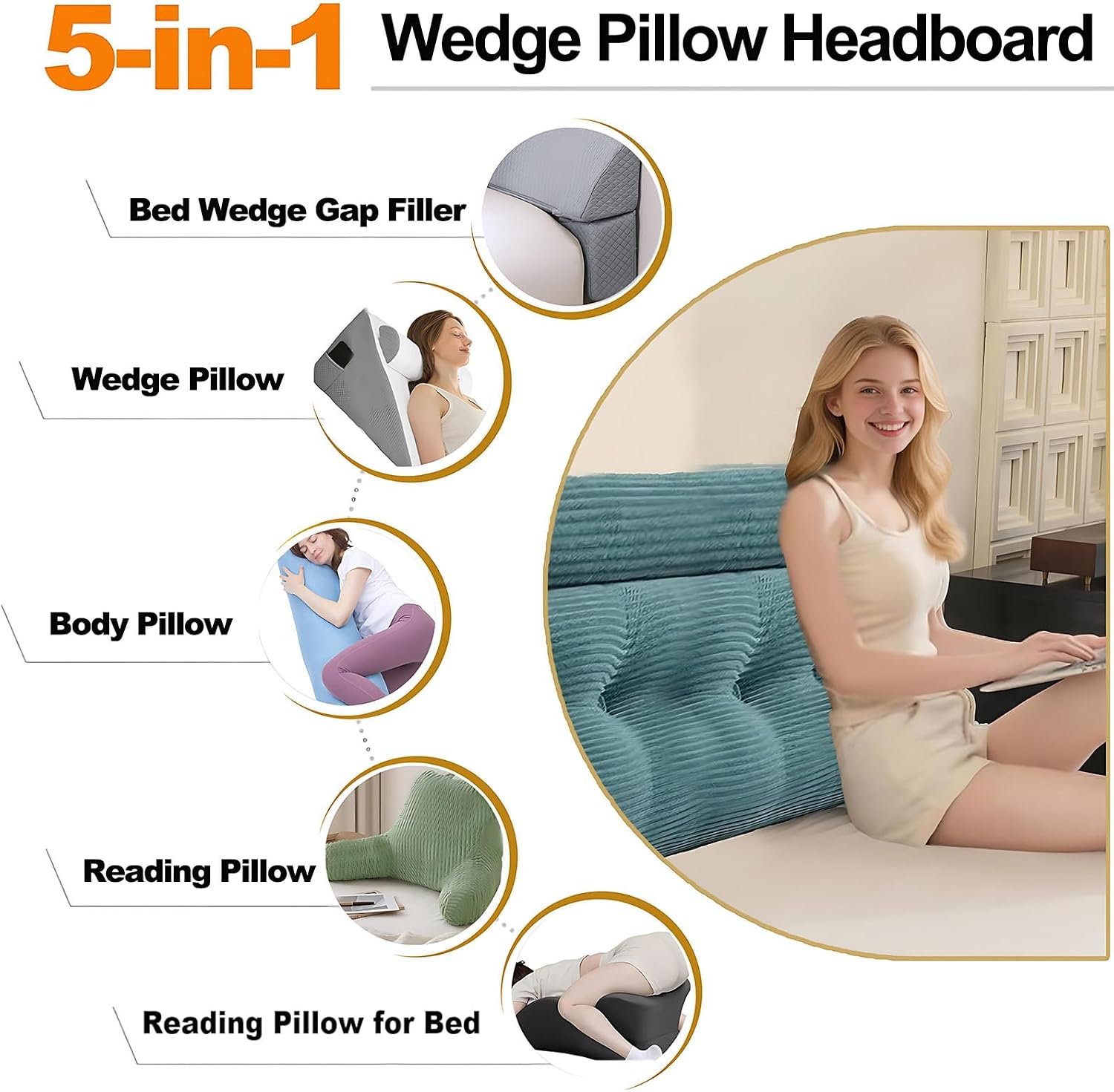 Headboard Pillow Twin, Large Triangular Wedge Cushion with Neck Roll Pillow for Reading Sitting Working, Backrest Positioning Support…