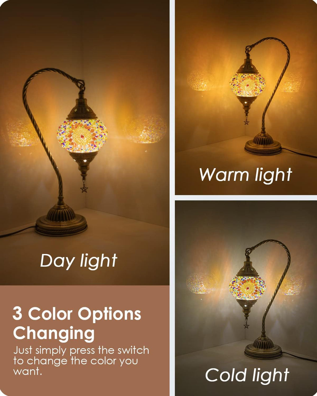 Yarra-Decor Turkish Moroccan Lamp with Bronze Base 3 Color Options Handmade Swan Neck Tiffany Mosaic Glass Bedside Lamps for Bedroom (LED…