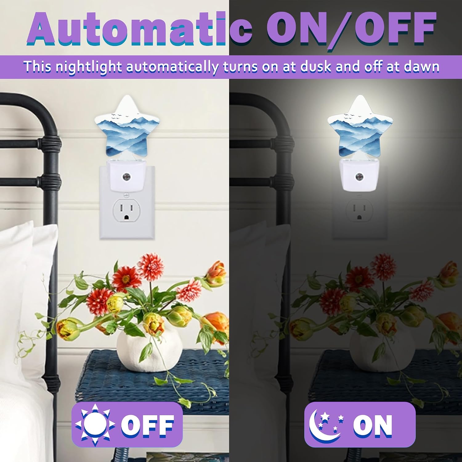 Night Lights Plug Into Wall Decorative, Watercolor Mountain Nightlights for Kids Bedroom, Blue Energy Efficient Dusk-to-Dawn Sensor Sleep…