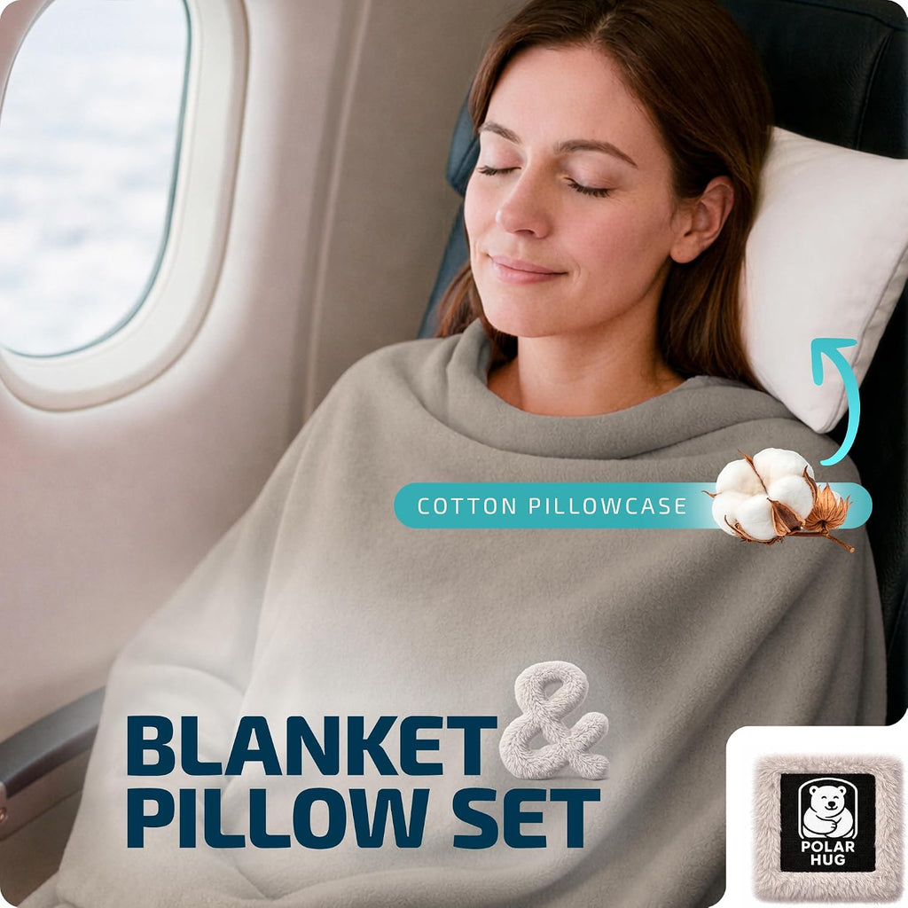 Travel Blanket and Pillow Set — Airplane Blanket with Inflatable Pillow and Cotton Pillowcase, Travel Blanket Combo with Back-Neck Snaps…