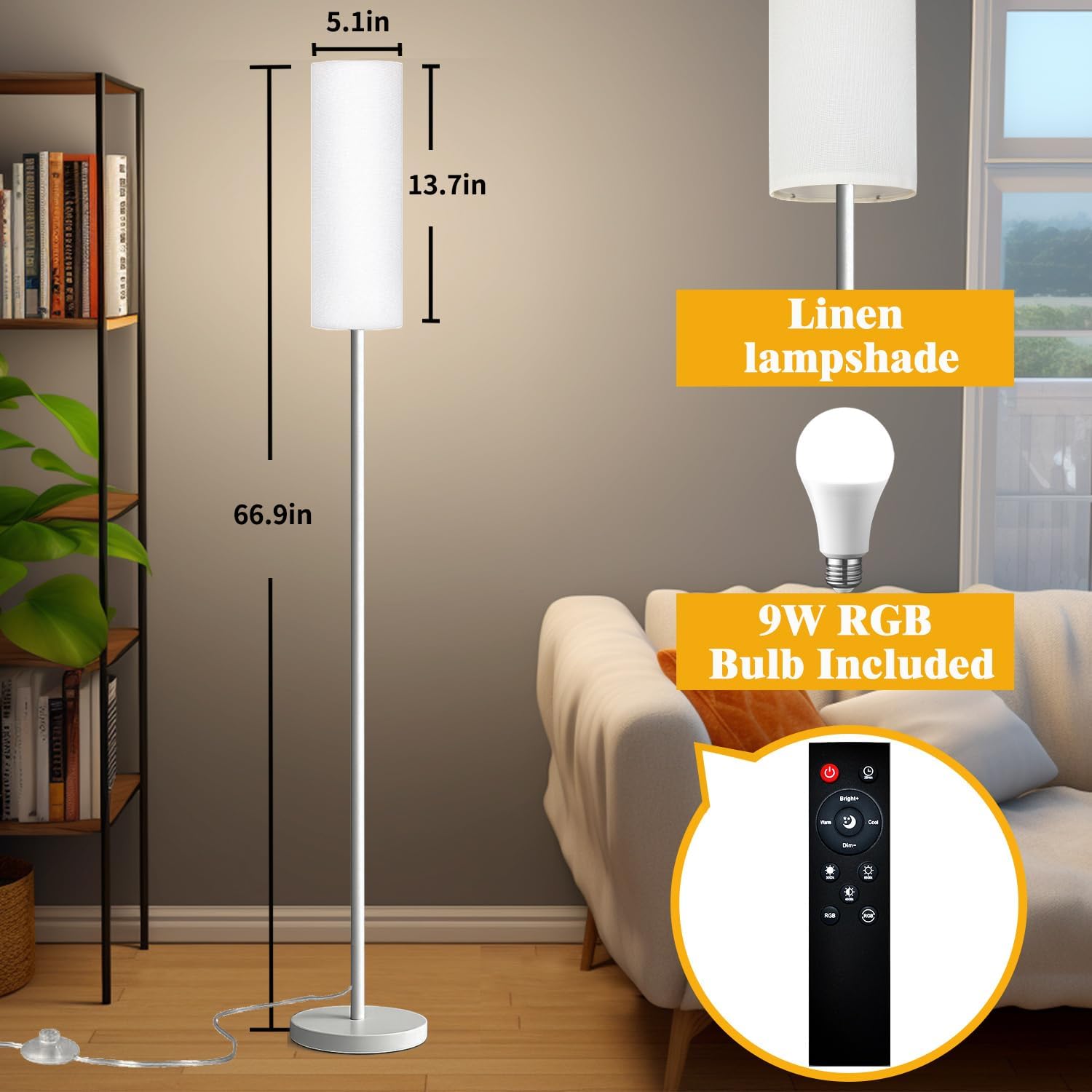 Qaubauyt Smart LED Floor Lamp with APP Control & RGB Colors - Dimmable Standing Lamp for Living Room, Bedroom, Gaming - Remote, Timer, 9W…
