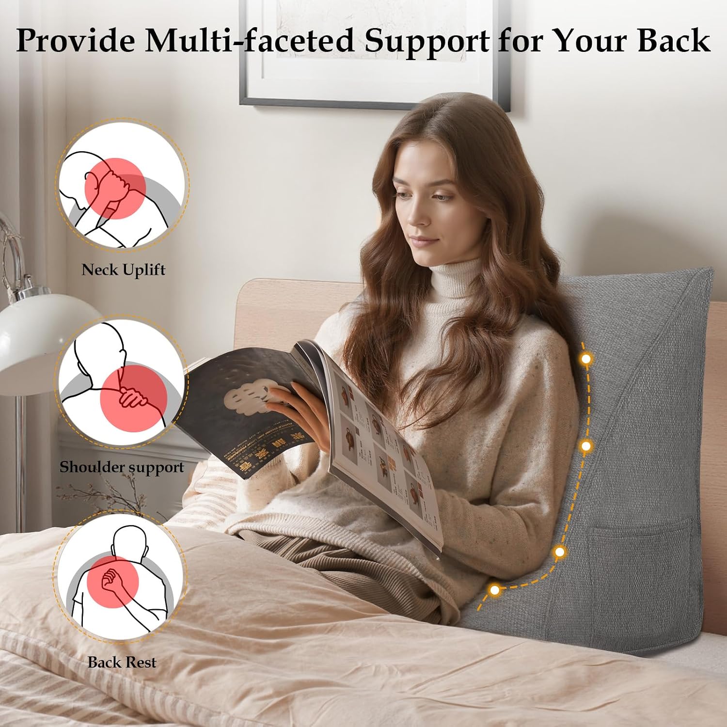 Wedge Headboard Pillow Reading Pillows for Sitting in Bed Adult Backrest Cushion with Removable Cover Side Pockets Sofa Grey Polyester