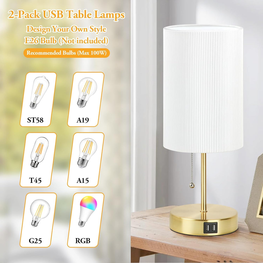 Lakumu 2 Sets Table Lamps with 2 USB, Minimalist Beside Lamps for Bedroom, Nightstand Lamp with Pull Chain, Desk Lamps with White Pleated…