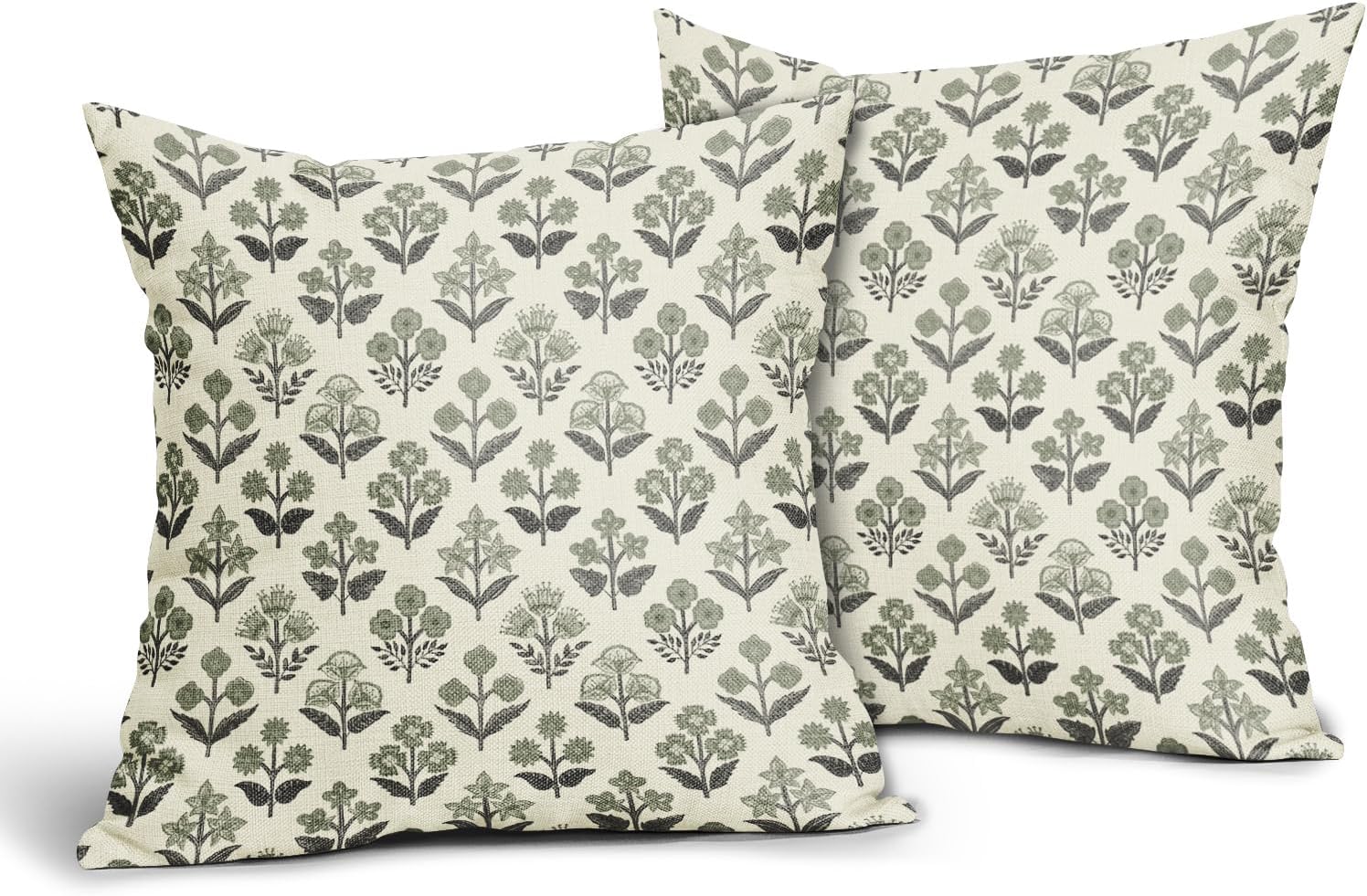 Black Sage Green Floral Block Print Pillow Covers 24x24 Inch Set of 2, Vintage Flower Pattern Spring Summer Decorative Throw Pillowcases…