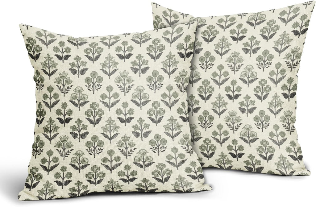 Black Sage Green Floral Block Print Pillow Covers 16x16 Inch Set of 2, Vintage Flower Pattern Spring Summer Decorative Throw Pillowcases…