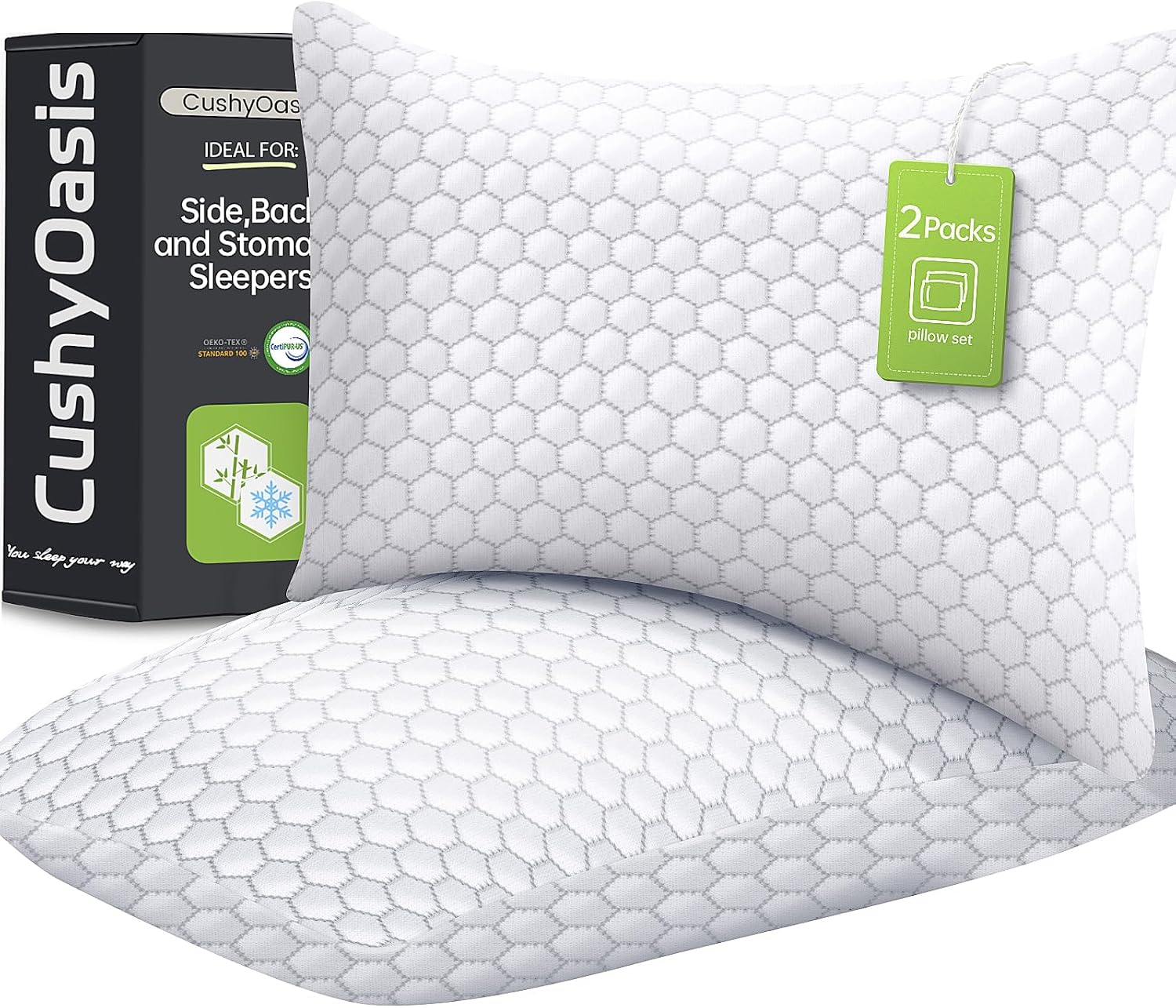 CushyOasis Shredded Memory Foam Pillow for Sleeping, Cooling Bed Pillows Set of 2, Adjustable Pillows for Side, Back, Stomach Sleepers with…