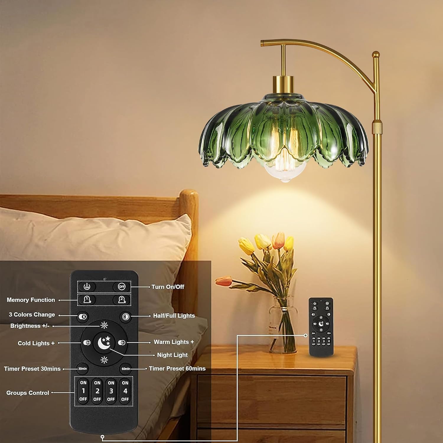 ZECOXOL Gold Floor Lamps for Living Room Vintage Green Floor Lamp with Remote Control & Glass Lampshape, Dimmable Mid Century Modern…