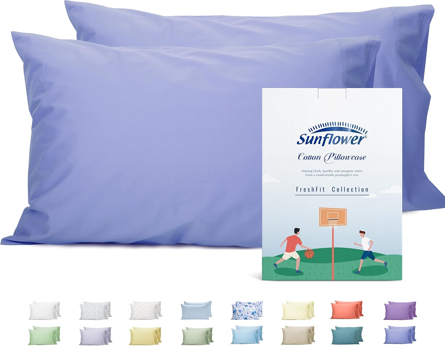 Sunflower Queen Pillowcases Set of 2, 100% Cotton Queen Size Pillow Cases 2, 20×30 inches Purplish Blue, Soft and Breathable