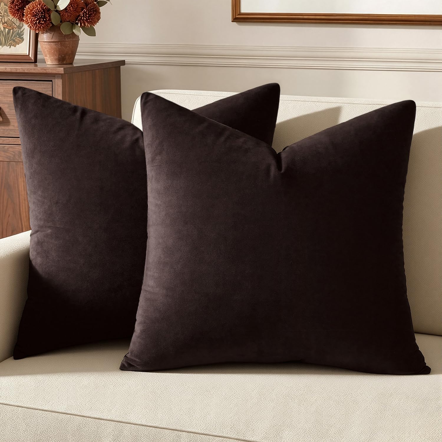 Miulee Velvet Throw Pillow Covers 18x18 Inch, Pack of 2 - Dark Coffee, Super Soft Decorative Square Cushion Cases Modern Luxury Home Decor…