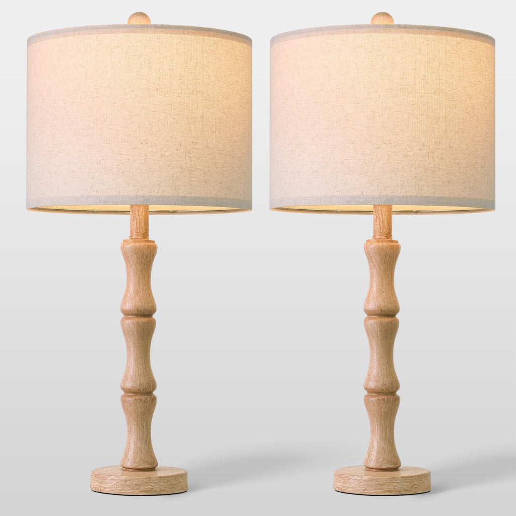 BOBOMOMO 25" Farmhouse Table Lamps Set of 2, Rustic Nightstand Lamps with Wood Grain Resin Base & Linen Shade, Standard Table Lamps for…