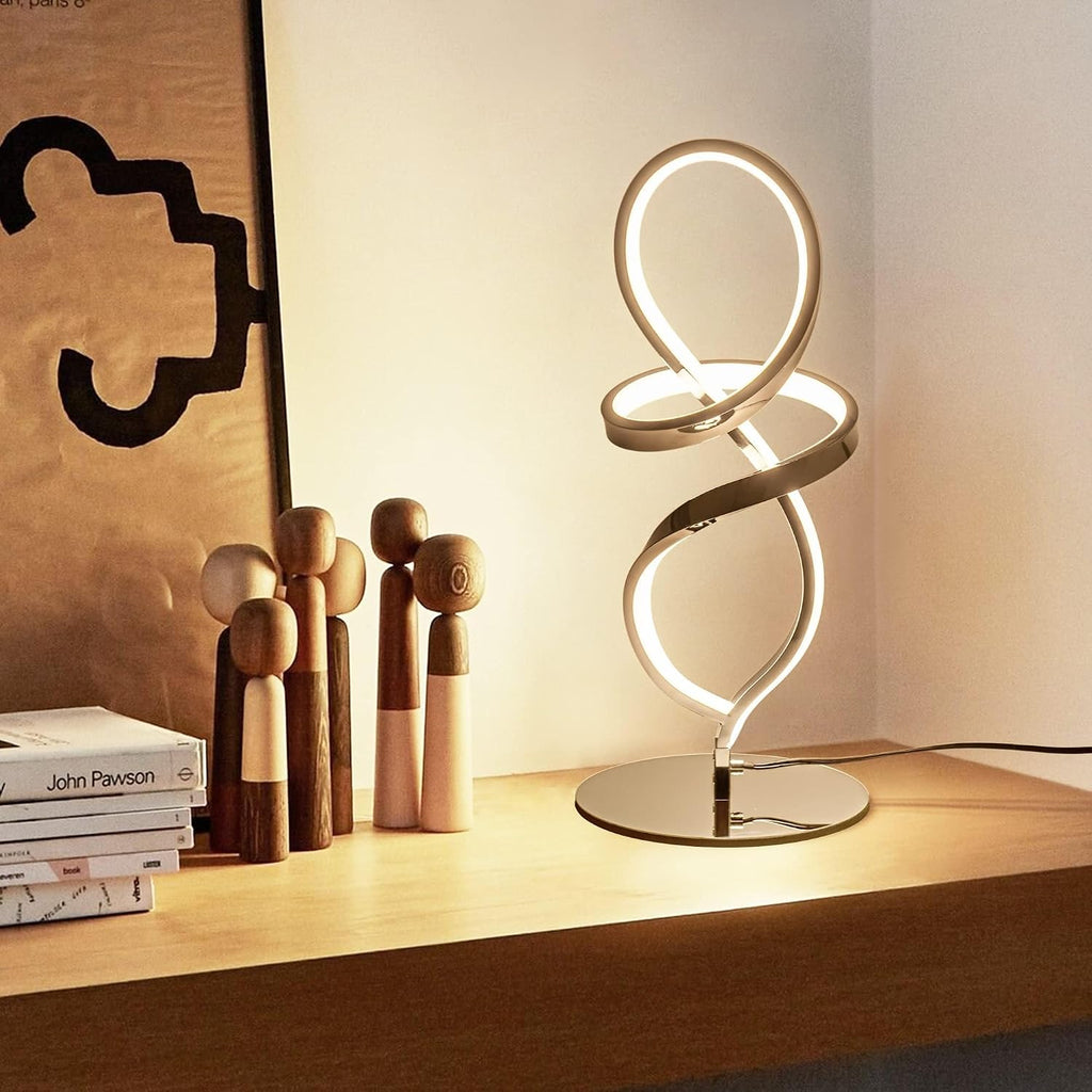 Mayful Modern Table Lamp with LED Unique Spiral Design, Small Nightstand Lamp with Stepless Dimming Switch, Chrome Bedside Lamps for…