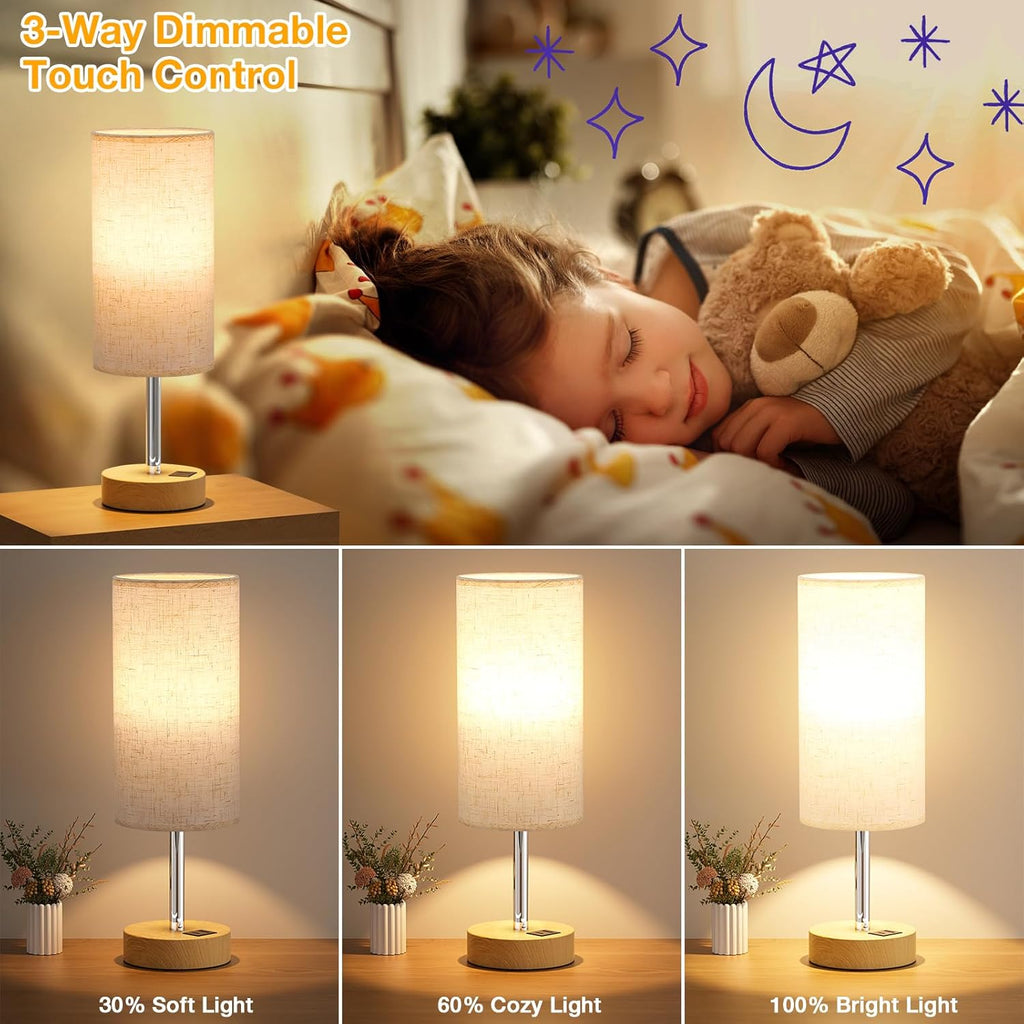 Touch Bedside Lamps Set of 2 - 3 Way Dimmable Table Lamps for Bedroom, Nightstand Lamp with Wooden Charging Station for Kids Room Dorm…