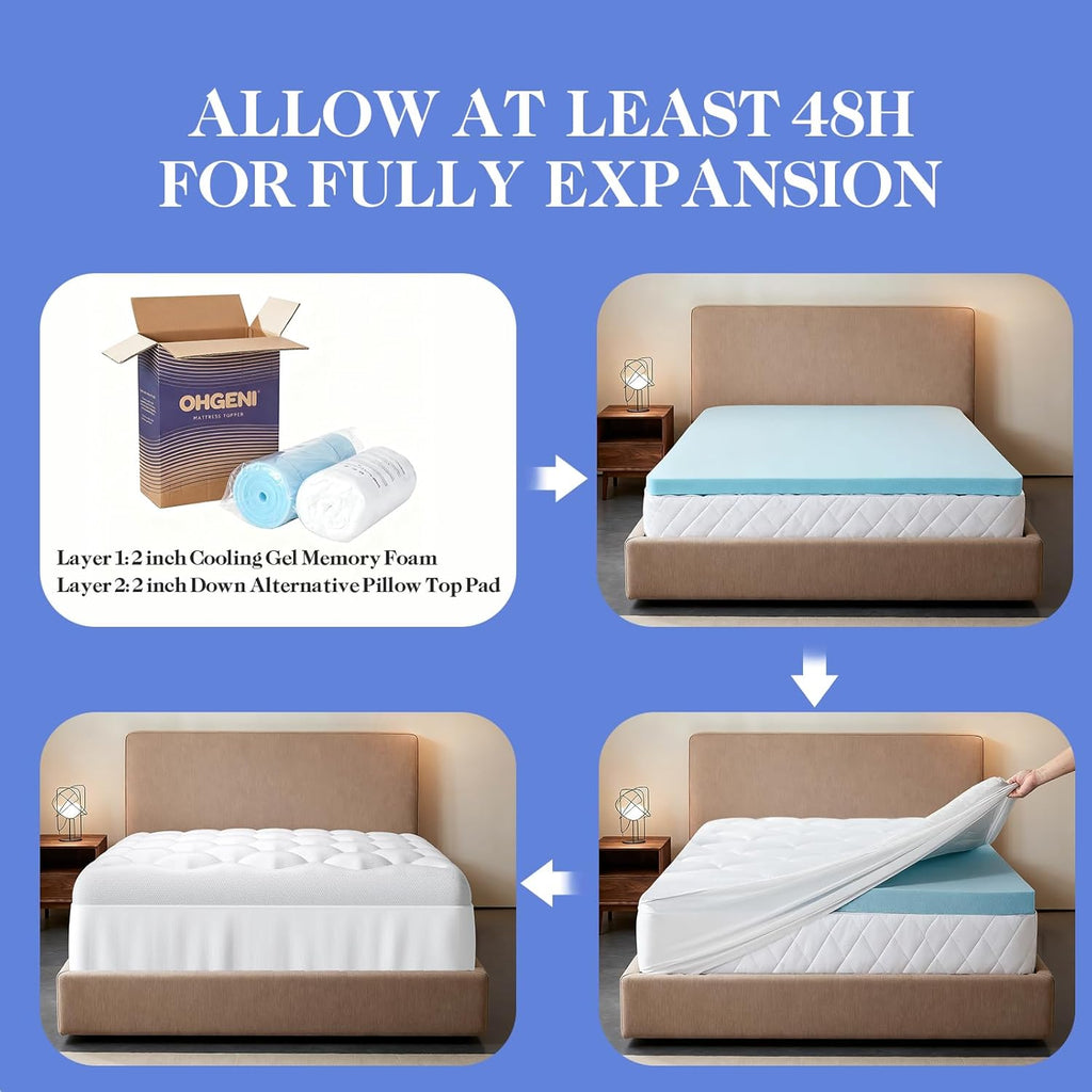 OhGeni Cooling 4 Inch Full Size Dual Layer Mattress Topper, 2 Inch Gel Memory Foam, 2 Inch Soft Pillow Top Pad, Bedroom Essentials Mattress…