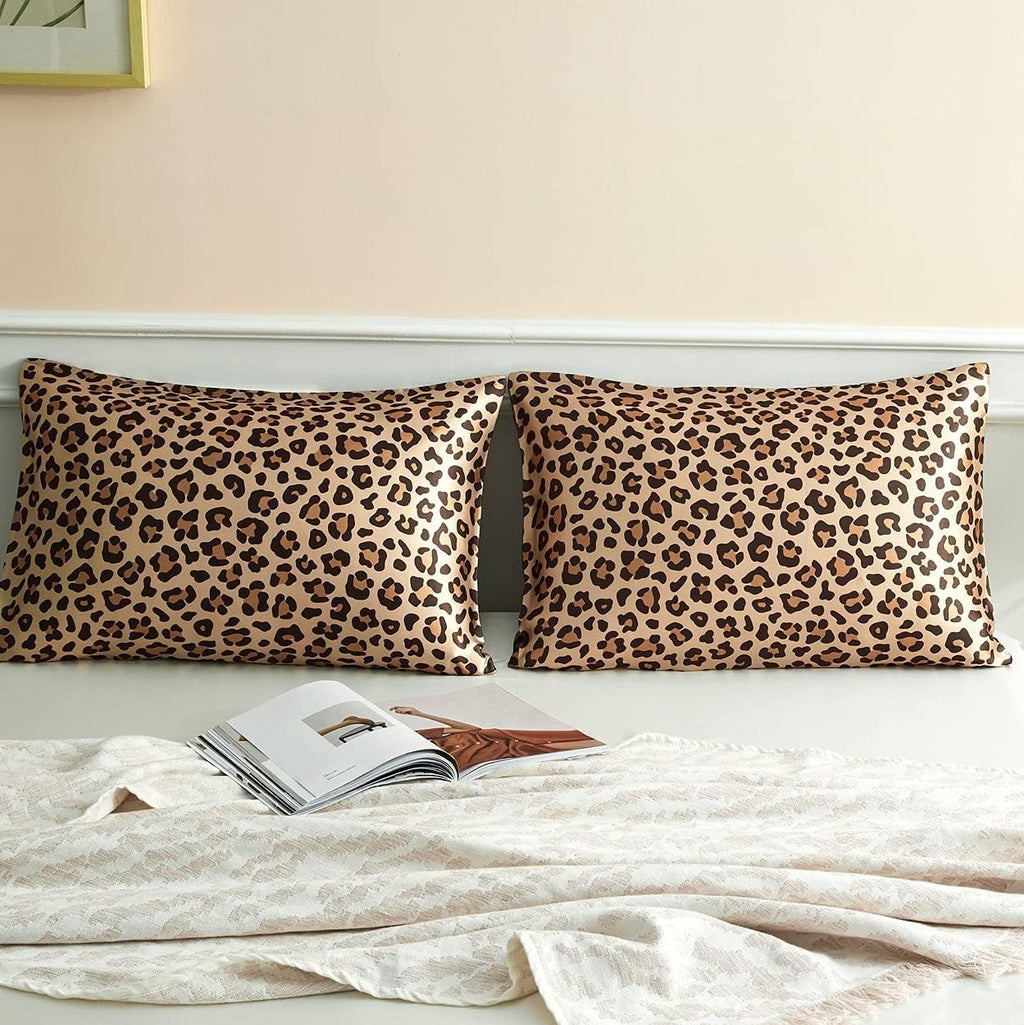 Lcbd Satin Pillowcase for Hair and Skin, Gold Leopard Printed Pillow Cases Set of 2, Queen Size Silk Satin Pillow Covers for Women with Env…