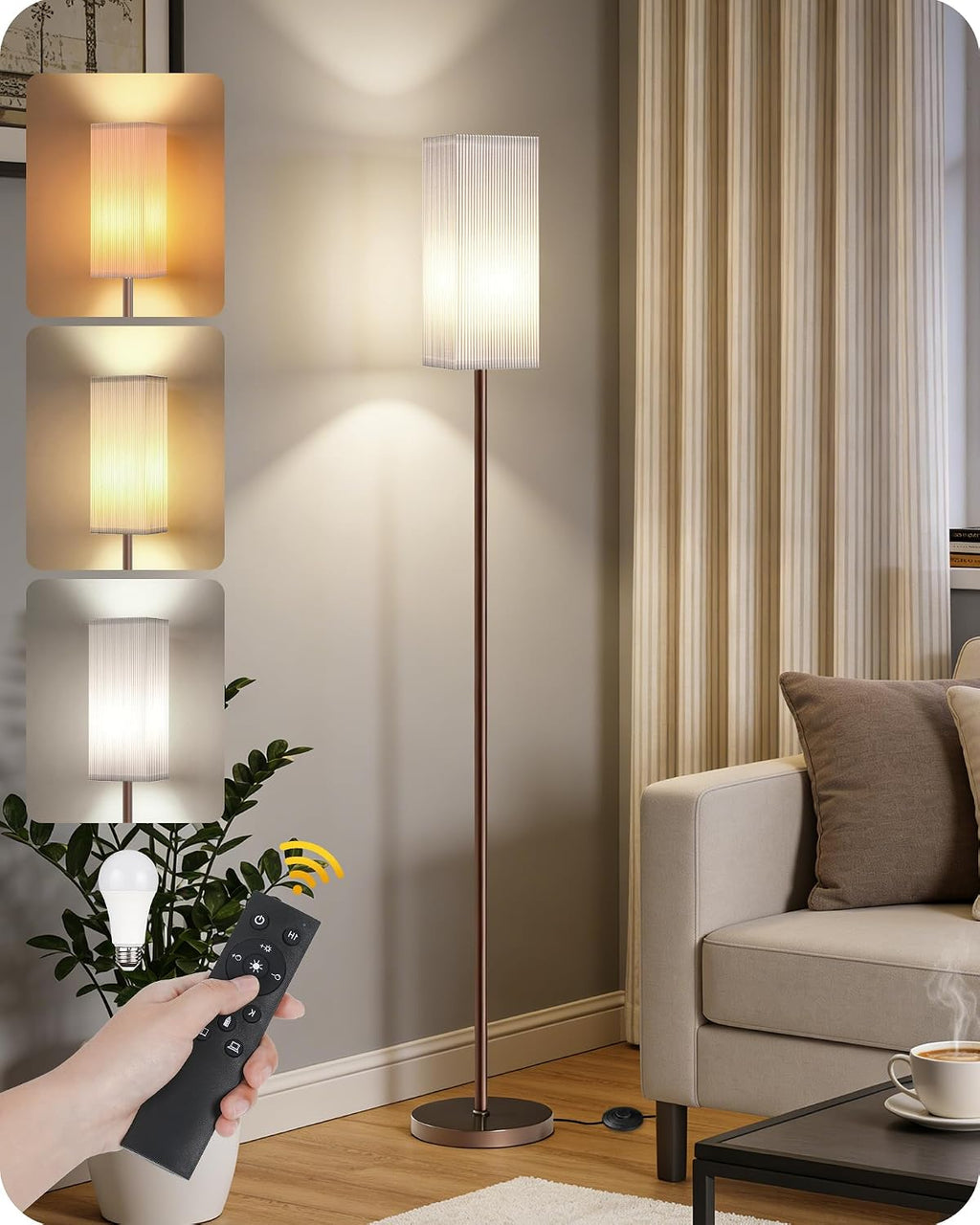 64.2'' Dimmable Floor Lamp for Living Room with Remote and Foot Switch, Corner Floor Lamp for Bedroom, Includes 10W A19 Bulb, Modern…