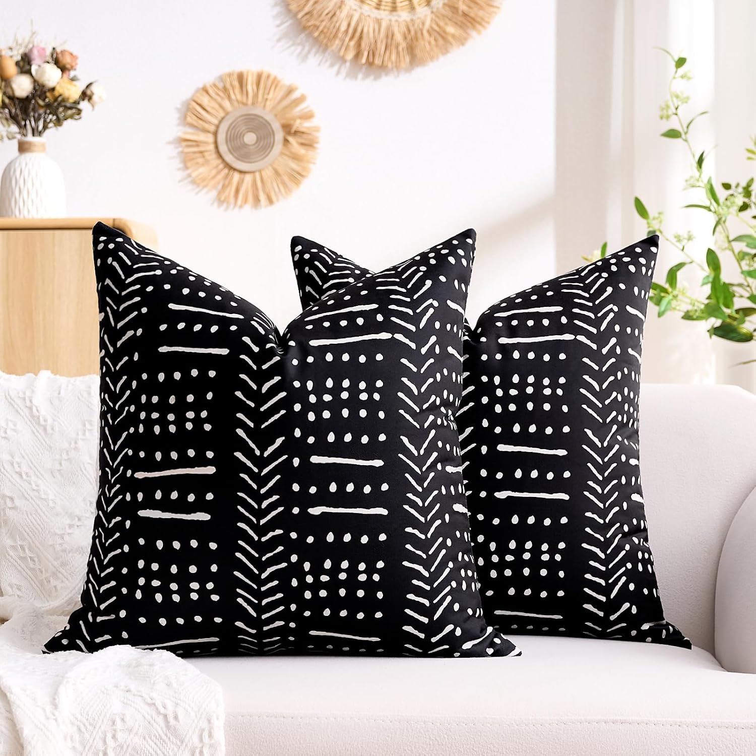 BONSTRAP Black and White Decorative Throw Pillows Covers for Couch Boho Square Accent Pillows Cover 12 x 12 Inch for Living Room Bed…