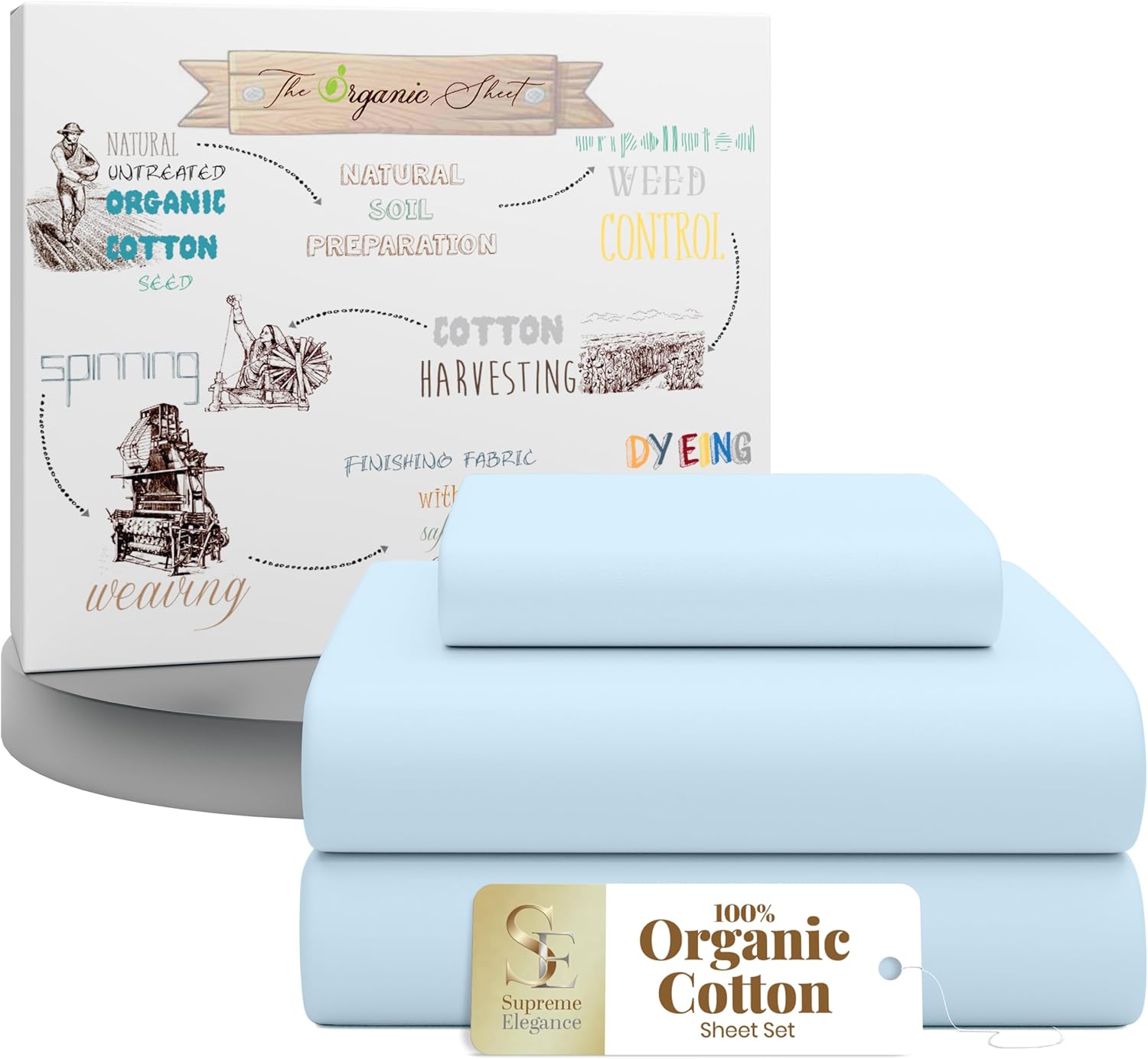 SupremeElegence SUPREME ELEGANCE 3Pc 100% Organic Cotton Twin XL Sheets Set, Sky Blue, Cooling Percale, Deep Pocket Fitted Sheet, Fits Matt…