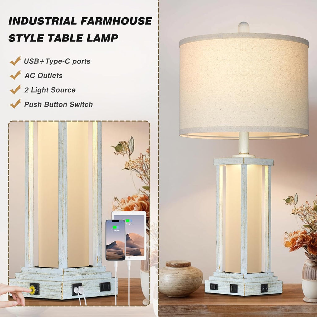 Cinkeda 27" Tall Vintage Table Lamp Set of 2 with USB C+A & Outlet, Nightstand Lamp for Living Room, Bedside Lamps with Frosted Glass Night…
