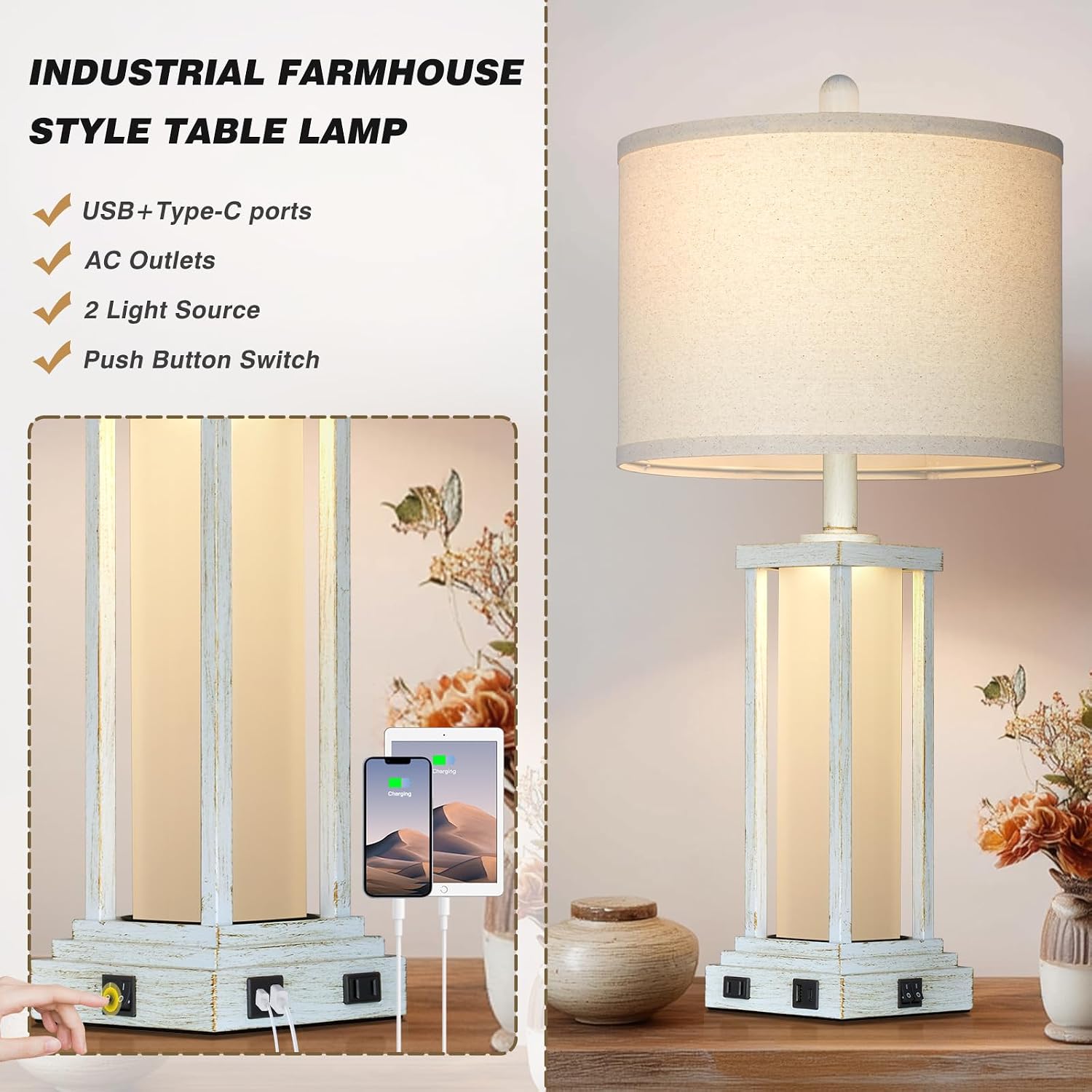 Cinkeda 27" Tall Vintage Table Lamp Set of 2 with USB C+A & Outlet, Nightstand Lamp for Living Room, Bedside Lamps with Frosted Glass Night…