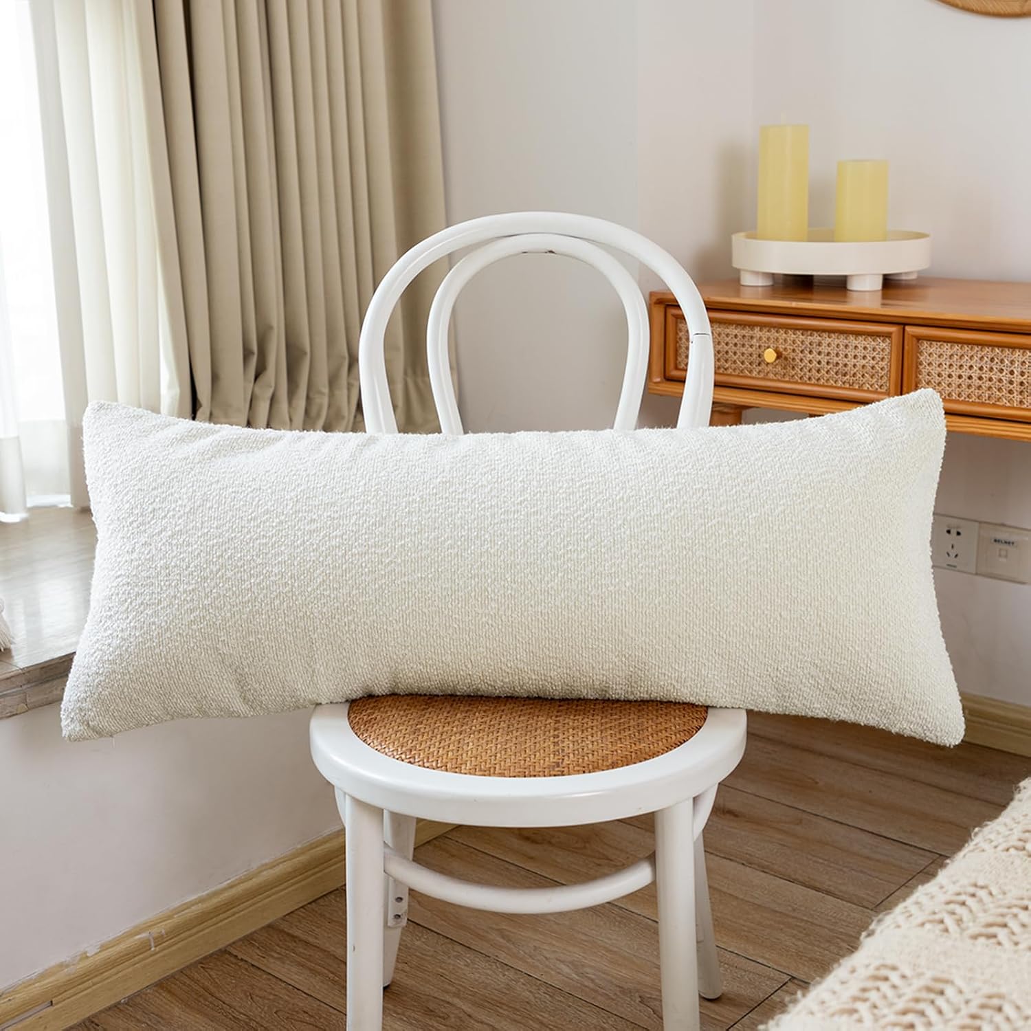 JoraLion 14x36 inch Boucle Lumbar Pillow Cover, Cream Woven Texture Neutral Long Pillow Cover Breathable Cushion Case for Couch Sofa Bed…