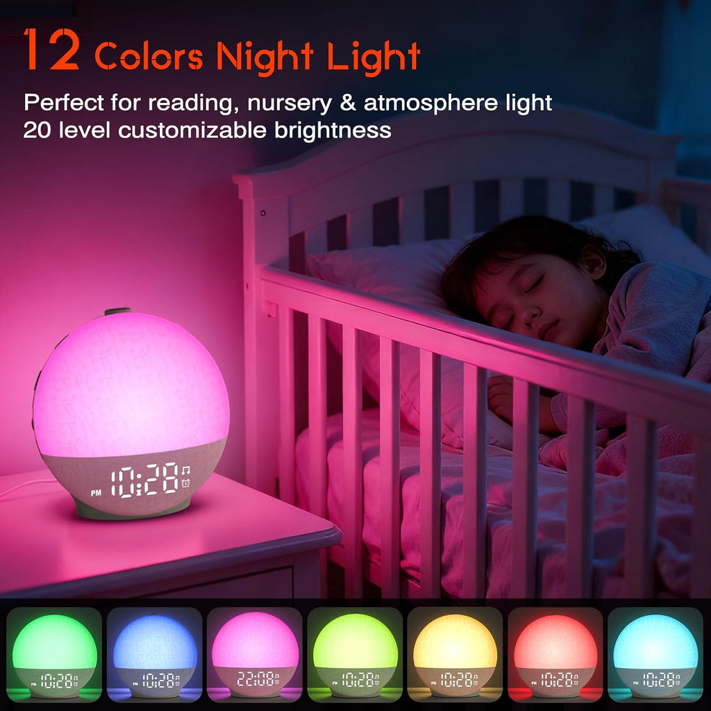 Sunrise Alarm Clock White Noise Machine, Sunset Simulation, 30 Soothing Sounds, 12 Color Night Light, Dimmable Sunlight Lamp Wake Up…