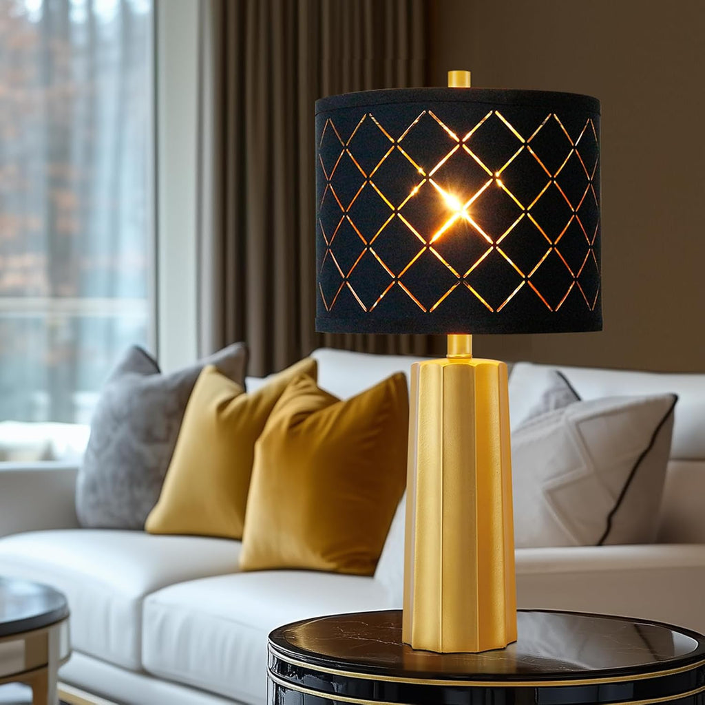 24" Modern Table Lamp for Living Room Bedroom, Gold Nightstand Resin Lamp with Black Grid Shade